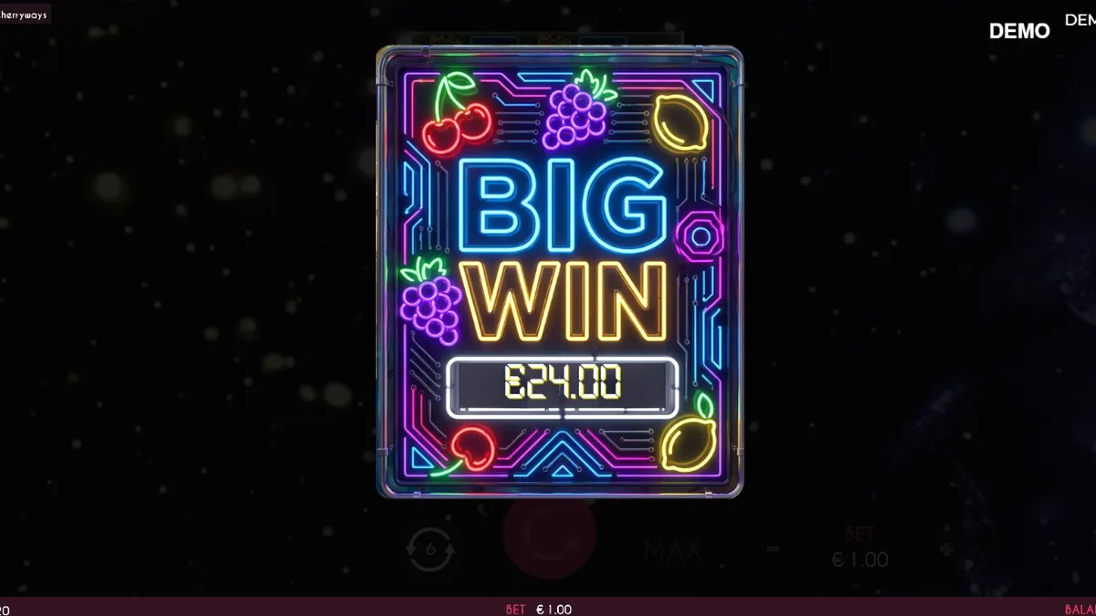 Screenshot ng Turbo Fortune Cherryways slot game na nagpapakita ng neon fruit symbols at futuristic na disenyo.