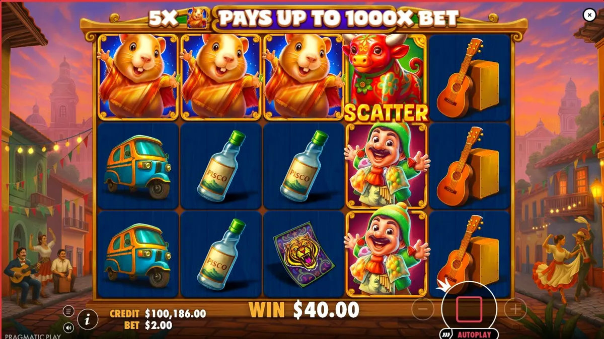 Makulay na disenyo ng Super Peru Fest slot na nagpapakita ng temang fiesta.