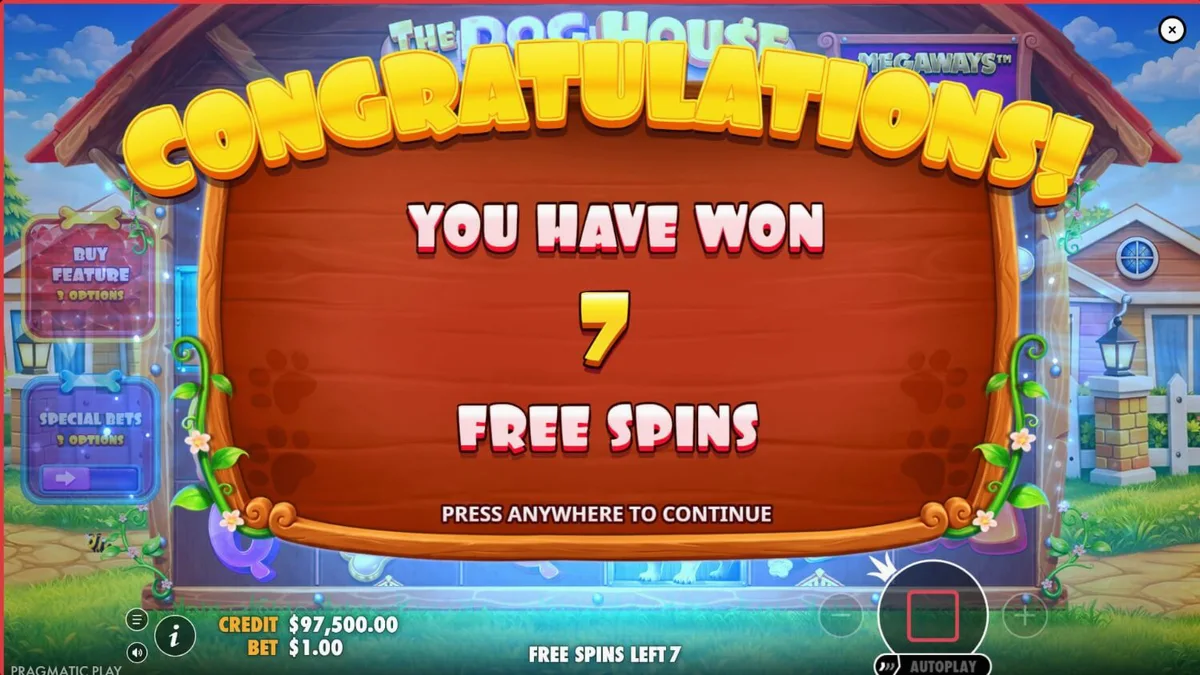 The Dog House Megaways 1000 slot machine interface featuring cute dogs and countryside scenery